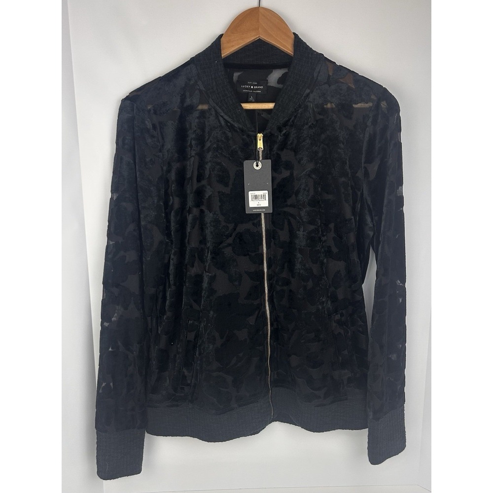 Lucky Brand Trendy Velvet & Sheer zip up jacket style Top NWT size L